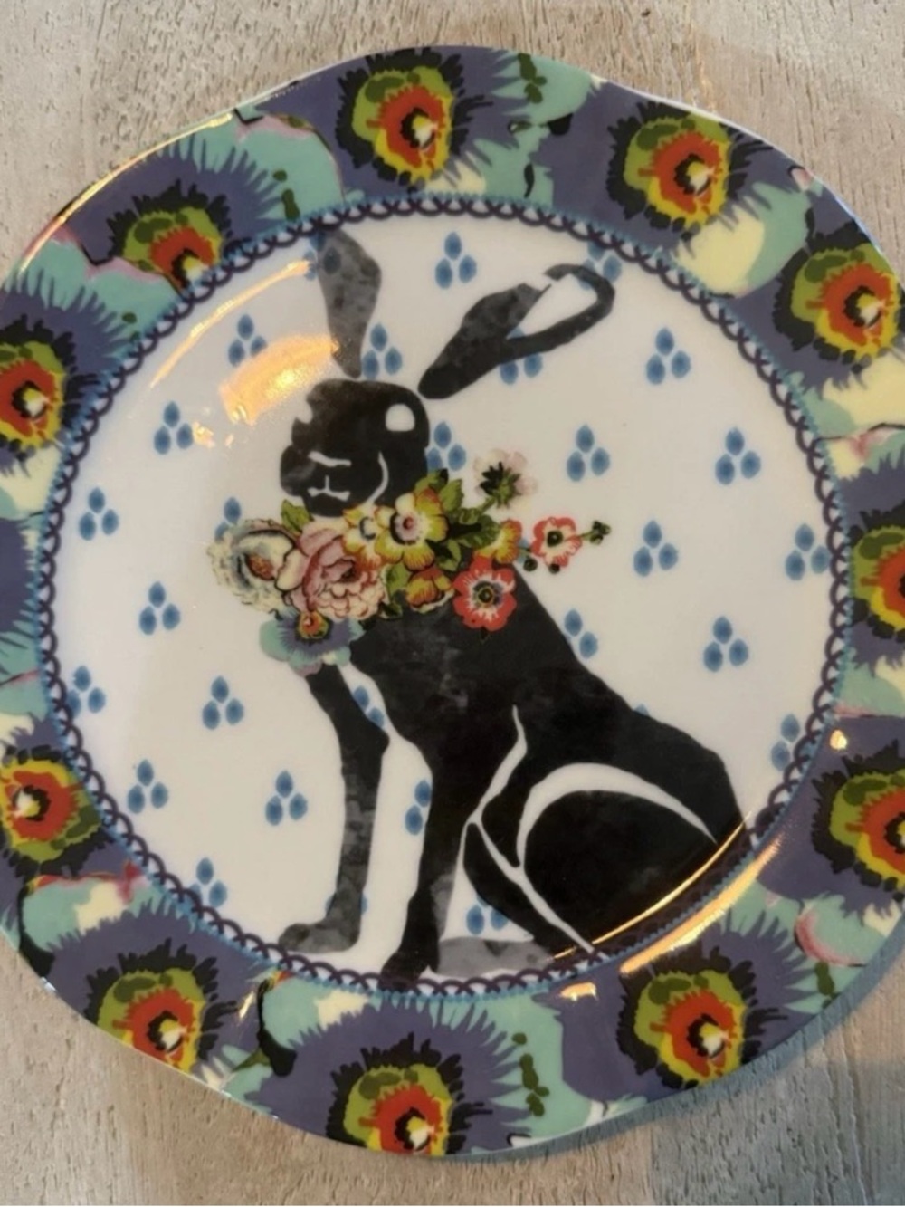 Anthropologie Bunny Rabbit Zoological Gardens Dessert Plate Multicolor Floral